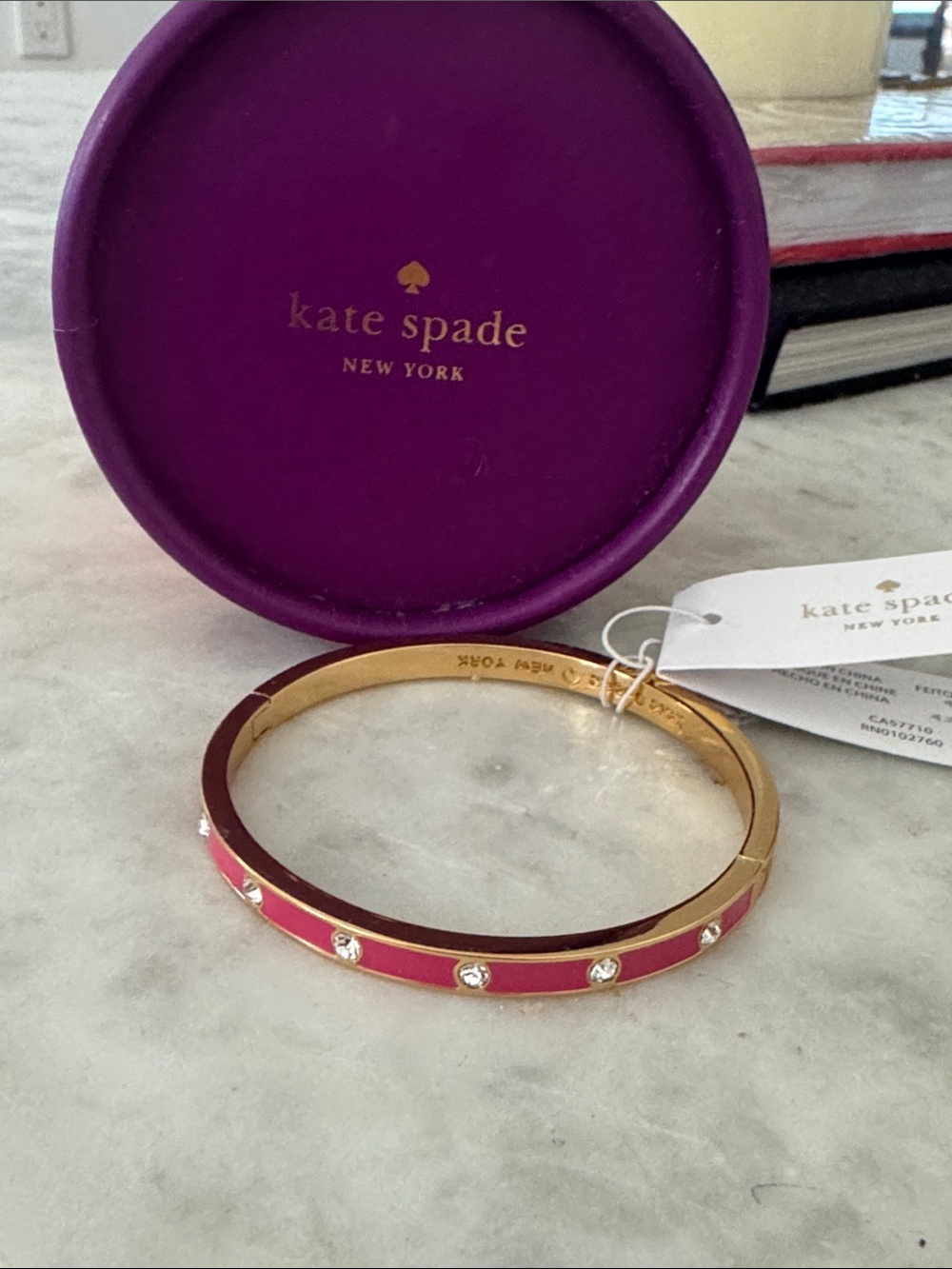 NWT kate spade Pink Enamel Bangle with Crystal Accents with Box